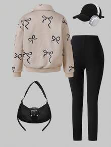 Sparklyn 2pcs/Set Girls Bow Decor Sweatshirt Top And Leggings Pants, Sweet & Fashionable - Grey - View 2