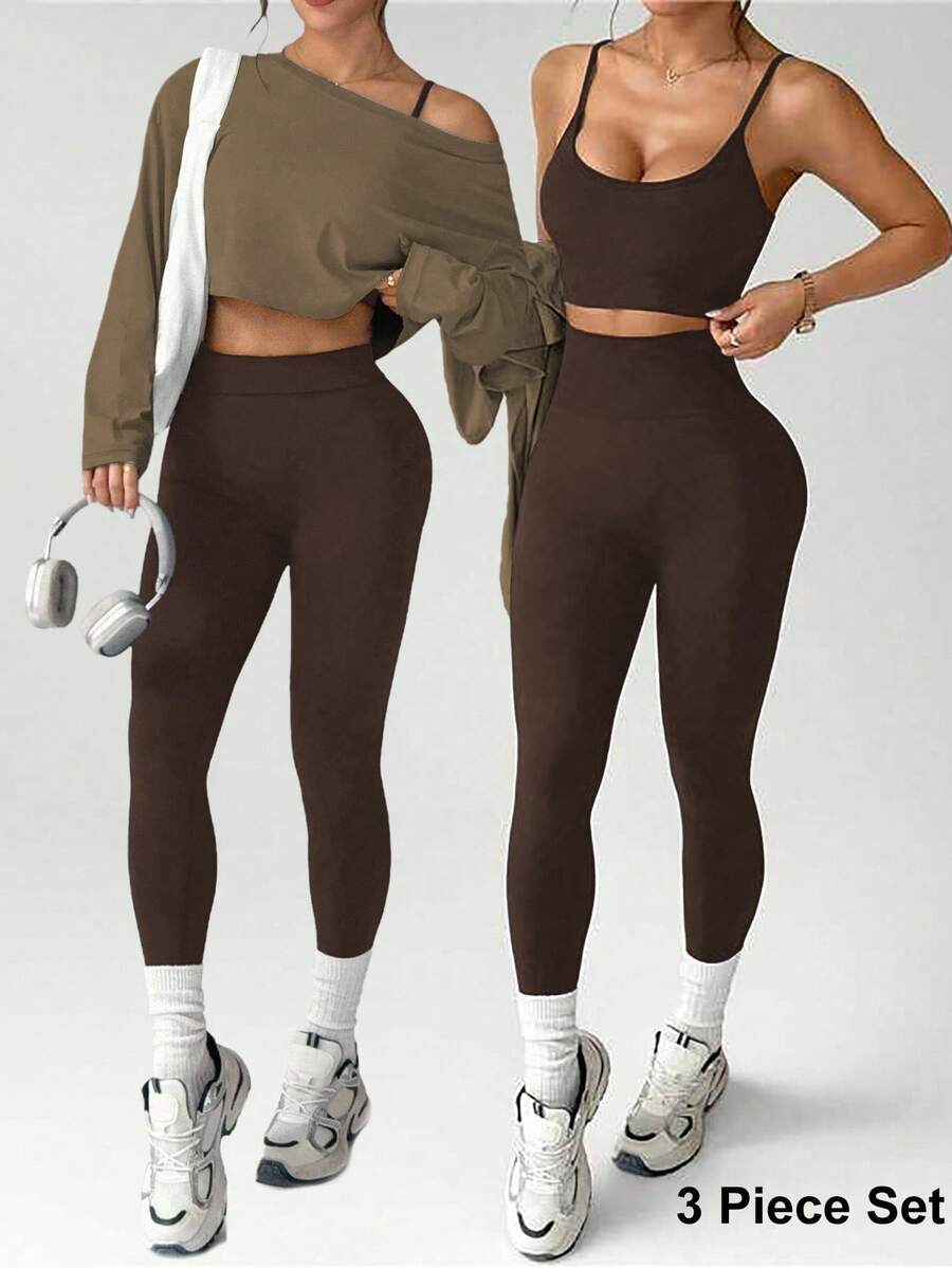 Dewbera 3 Stücke Damen Set: Locker geschnittenes Crop T-Shirt mit Drop Shoulder und Langarm, nahtloser Wireless-BH und Hohe Taille Leggings Sportoutfit