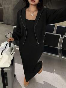 SHEIN EZwear 两件套加大码纯色落肩拉链连帽衫和吊带连衣裙，休闲款 - 黑色 - 查看 8