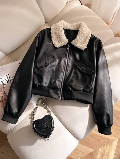Elladie kids 女童仿毛领PU皮长袖短外套，秋冬季