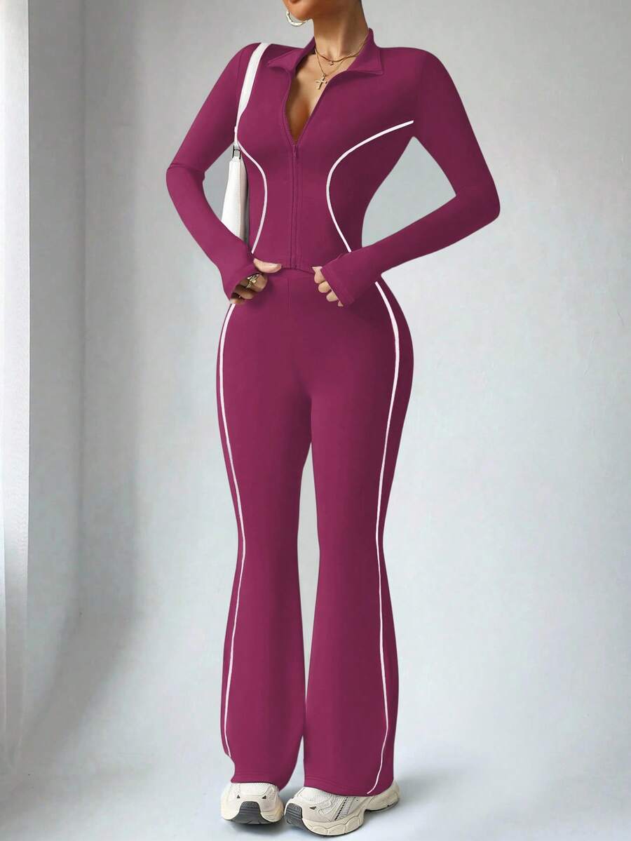 Dewbera 2pcs Women's Sports Suit Set, Zip-Up Long Sleeve Jacket With Thumb Hole, Stand Collar, Contrast Stripe And High Waist Flared Pants With Contrast Stripe, Suitable For Daily Casual Wear, Running, Yoga, Gym - Purple - View 1