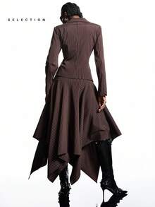 LYSMO 女式条纹腰部收腰西装外套和铅笔裙套装，秋季通勤风格 - 鏽棕色 - 查看 2