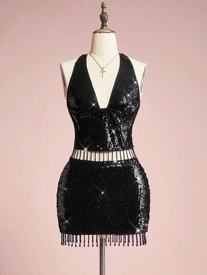 ROMWE Avant Ensemble 2 pièces Top court à col en V profond et mini-jupe avec décoration de paillettes, style Y2K Glam Disco