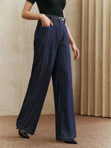 Anewsta Quần nữ màu xanh navy kẻ sọc, dáng rộng, thanh lịch, hiện đại, phù hợp cho các dịp trang trọng, công sở và phong cách đường phố. - Màu xanh lam - Xem 7
