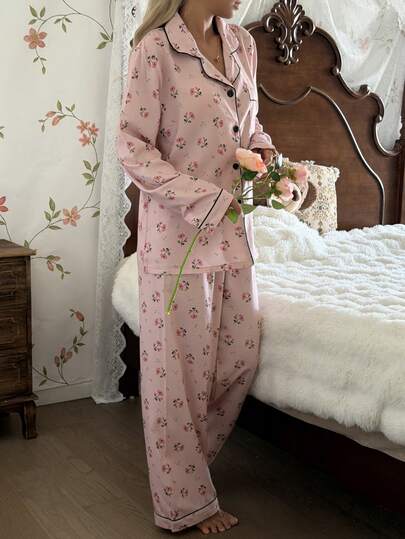 Bubble Crinkle Ditsy Bloemen Long Sleeve Pants Women Pajama Set view 7