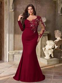 Aureia Vestido elegante y lujoso de talla grande para otoño e invierno con bordados de encaje, aplicaciones de diamantes y cuentas, manga larga, bajo de sirena, adecuado para cena, boda, fiesta de graduación, fiesta de Navidad, baile de graduación y Día de San Valentín (modelo pesado) - Burdeos - Ver 5