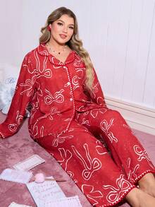 SweetSlumber 加大码可爱蝴蝶结泡泡褶皱睡衣套装，适合女性，圣诞节、秋冬季穿着 - 彩色 - 查看 1