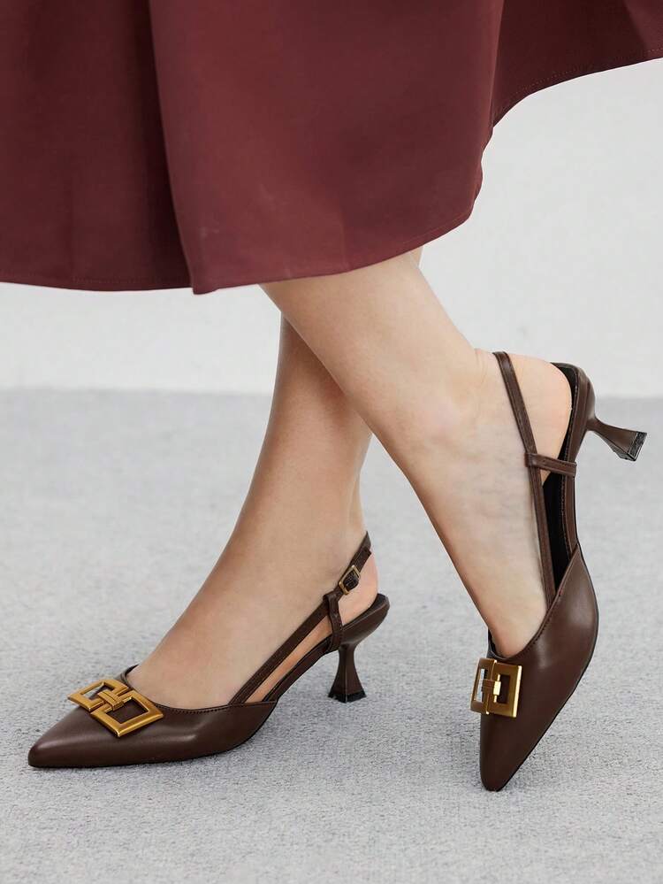 CUCCOO BIZCHIC Women's Pointed Toe Kitten Heel Metal Buckle Coffee Color Fashion Commuter Versatile Backless Daily Outing Shopping Work Pumps For Christmas Spring Shoes