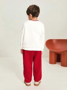 Leap Crew 男童红色抓绒装饰平针织运动字母V领长袖落肩卫衣，搭配抽绳腰休闲运动裤，适合户外活动，秋冬季穿着。 - 紅色 - 查看 2