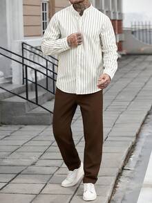 Manfinity CasualCool 男士条纹印花纽扣休闲长袖衬衫 - 白色 - 查看 6
