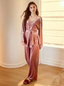MOTF PREMIUM 3PCS CONTRAST LACE VELVET PAJAMA SET - Dusty Pink - View 6