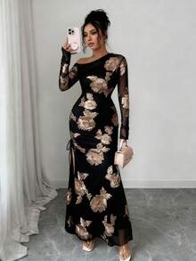 SHEIN Raffinéa 女士提花网纱不对称开衩连衣裙 - 黑色 - 查看 4