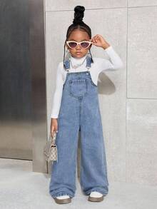 SHEIN Young Girl Fashionable Sleeveless Loose Casual Dark Blue Denim Bib Pants - Light Wash - View 5