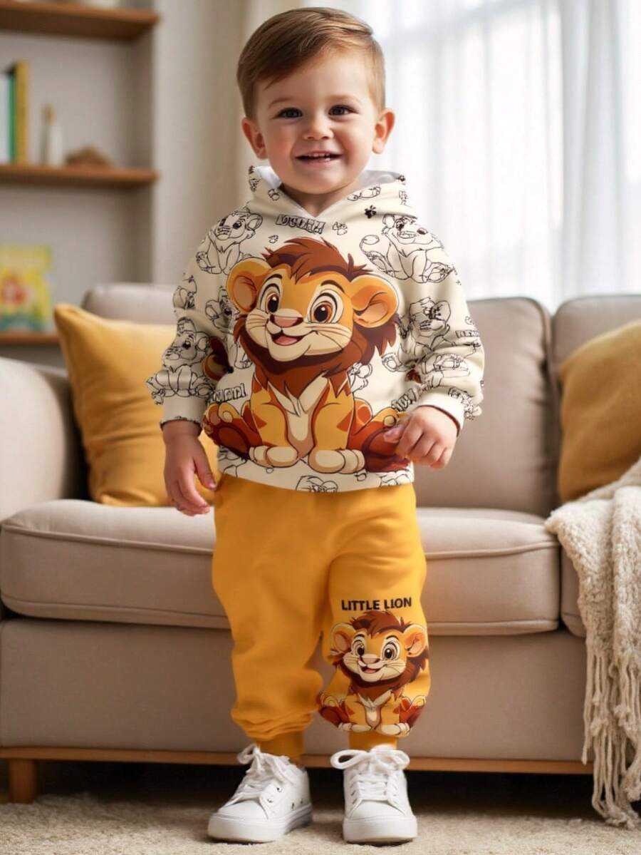 SHEIN 2件套年轻男童卡通狮子图案宽松休闲舒适长袖连帽卫衣套装 - 彩色 - 查看 1