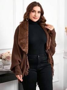 SHEIN Clasi Áo khoác cardigan nữ cỡ lớn thanh lịch, màu nâu, viền tua rua, cổ áo lông mềm mại, ấm áp, thoải mái và mềm mại, phù hợp cho nhiều dịp, mẫu mới 2025, mùa đông, phong cách cổ điển, đi chơi, mùa thu. - màu nâu - Xem 5