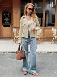 Serisse Women's Brown Autumn Parisian Chic Daytime Double-Breasted Belted Short Trench Coat,Elegant Lapel Collar Casual Solid Color Commute Spring Jacket - Apricot - View 5