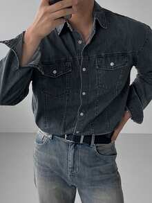 DAZY Men's Solid Navy Blue Washed Denim Jacket, Autumn - Blue - View 4