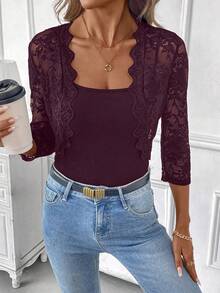 SHEIN Clasi Chaqueta ligera de mujer con abertura frontal y encaje transparente, para primavera y verano. Chaqueta corta de encaje negro para otoño/invierno - Granate - Ver 7