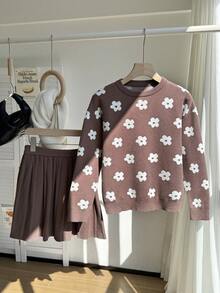 Tween Girls Ditsy Floral Brown Sweater & Pleated Skirt Set,Cute Back-To-School Autumn Holiday Outfit,Warm Soft Comfortable,Christmas Halloween Parties - Brown - View 3