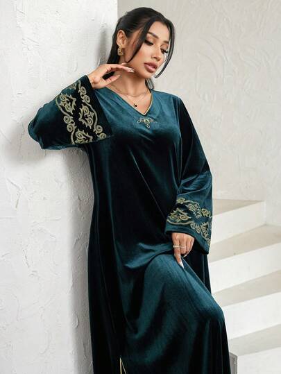 Al Najma V-Neck Embroidered Contrast Trim Elegant Velvet Dress