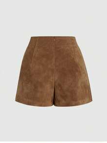 INAWLY Quần short da lộn giả thời trang đa năng màu trơn cỡ lớn cho nữ - màu nâu - Xem 2