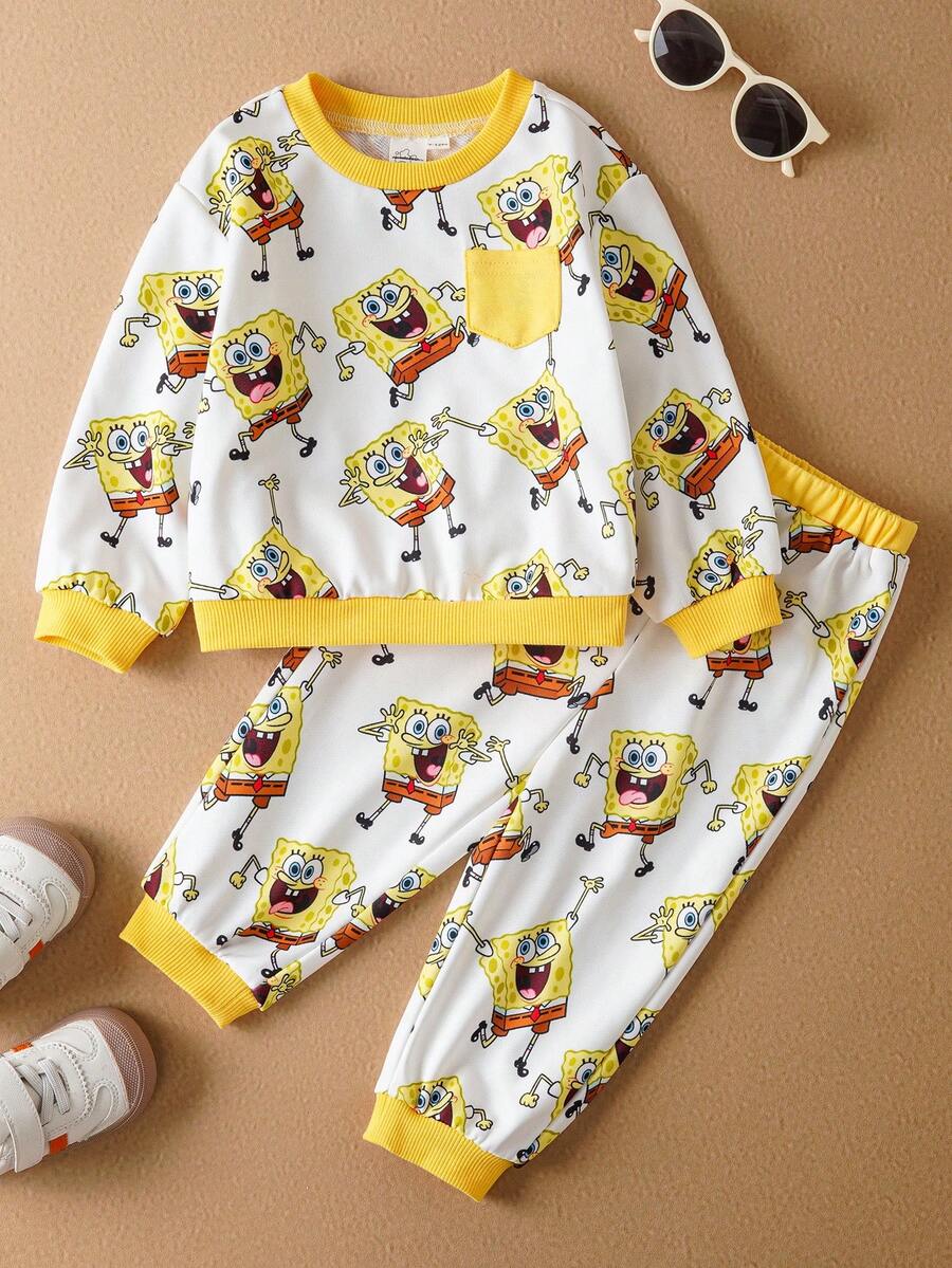 SpongeBob SquarePants | SHEIN Set de sudadera de cuello redondo de manga larga y pantalón de chándal con estampado de dibujos animados para bebé niño, 2 piezas - Blanco - Ver 1