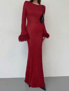 Aloruh Váy dài màu trơn co giãn ôm eo họa tiết lông chắp vá thời trang mới, màu đỏ rượu - Màu Đỏ Sâu - Xem 7