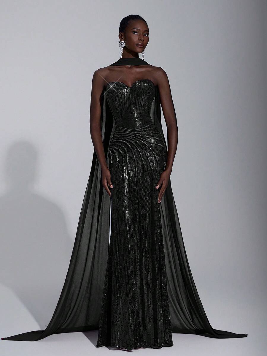 Elitara Elegant Luxurious Deep Red Beaded Embroidered Handmade Drawstring Seashell Collar Slit A-Line Fish Tail Dress With Ribbons For Women,Formal Gown - Black - View 1