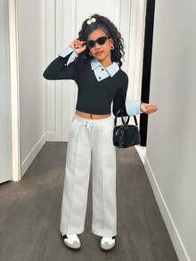 SHEIN 青少年女孩百搭宽松运动裤，休闲时尚，适合日常穿着 - 淺灰色 - 查看 5