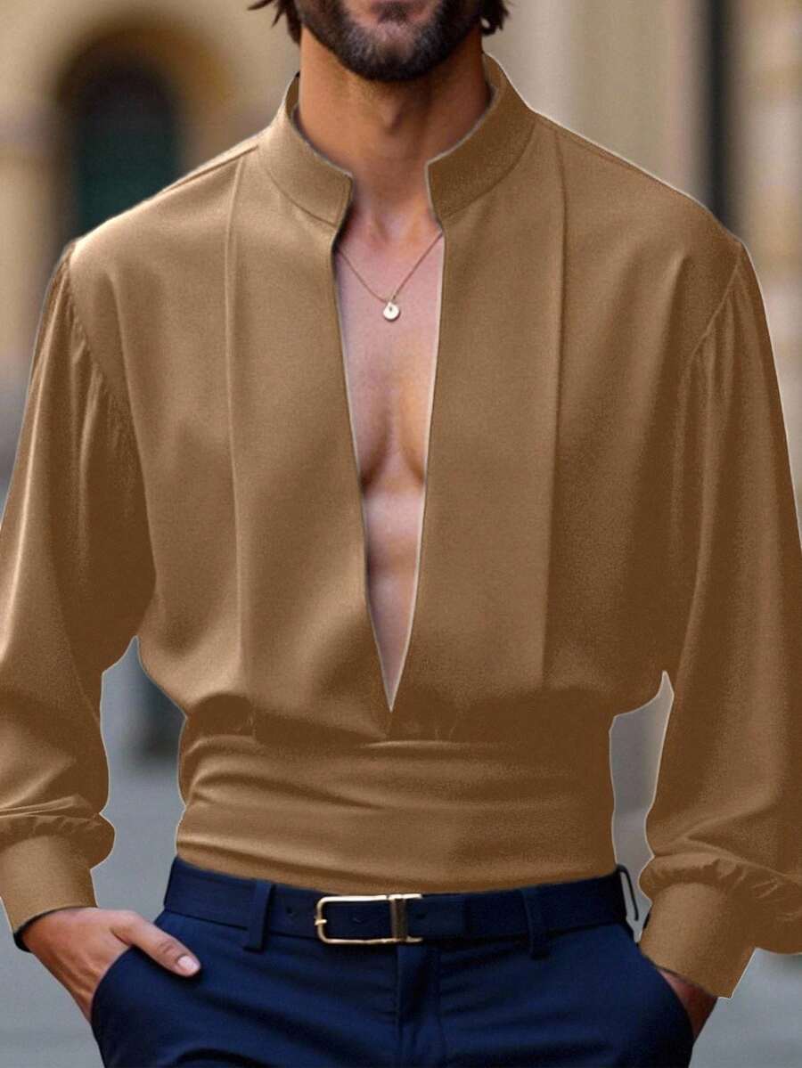 Manfinity AFTRDRK Áo sơ mi nam tay dài cổ chữ V sâu màu trơn gợi cảm - Màu Khaki - Xem 1