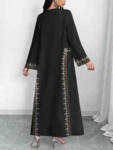 SHEIN Najma 女式花卉仿珍珠印花 V 领长袖优雅阿拉伯风格长裙，春秋装