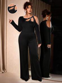 Cravure 女式大码修身长袖露肩连体裤 - 饰有圆形装饰纽扣和肩部泡泡珠，优雅休闲，适合秋冬派对和庆典 - 黑色 - 查看 1