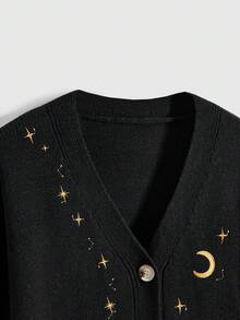 ROMWE Fairycore Vintage Mushroom, Star, Moon Embroidered Plus Size Women Sweater Cardigan With Puff Sleeves/Winter - Black - View 2