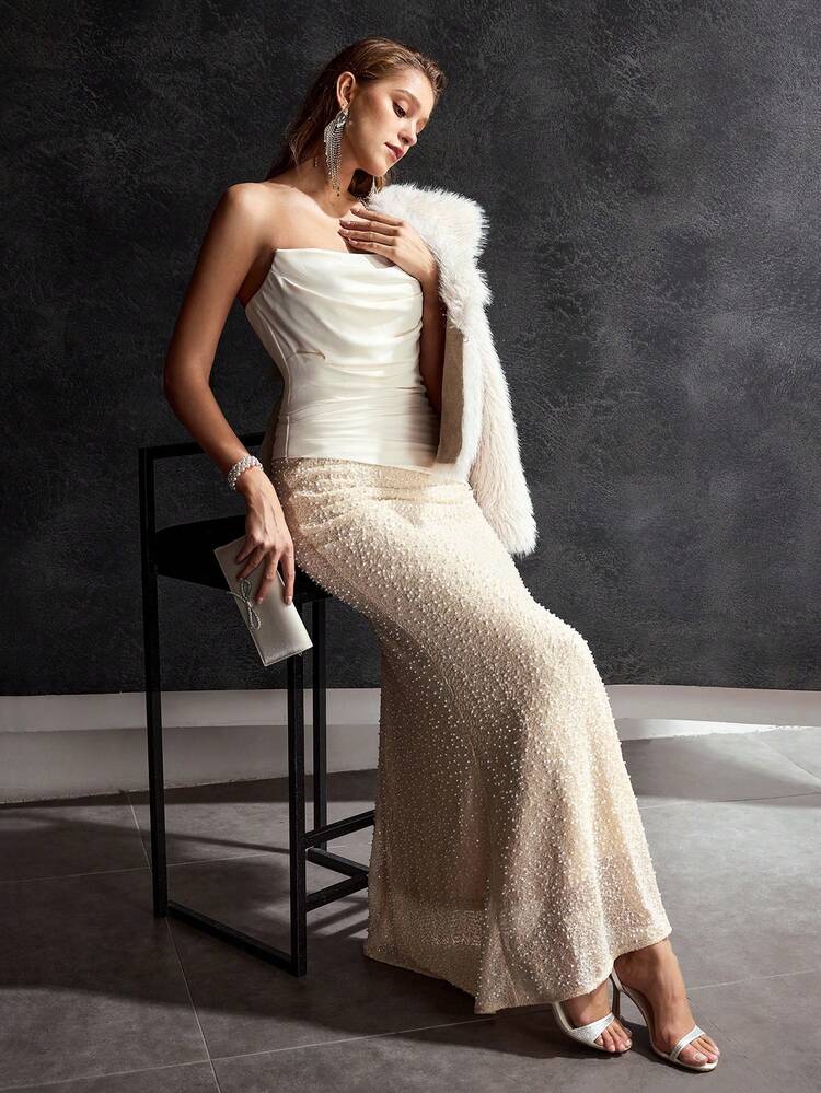 MOTF Soiréza STRAPLESS STRUCTURED PATCHWORK FAUX PEARL EMBROIDERED ELEGANT MERMAID FORMAL DRESS, SUITABLE FOR BANQUET AND WEDDING