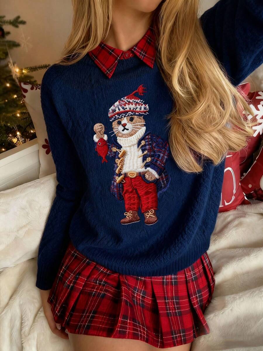 CovetEZ Casual Minimalist Funny Cat Print Pattern Women Sweater, Suitable For Autumn/Winter, Original Funny Cat Series First Launch, Stylish New Year Party