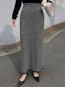 FRIFUL Váy len dệt kim dáng chữ H dài rộng thoải mái đa năng, họa tiết hoa màu tương phản, eo co giãn, họa tiết hoa màu xám, viền đen cho nữ, mùa thu/đông - Xám - Xem 3