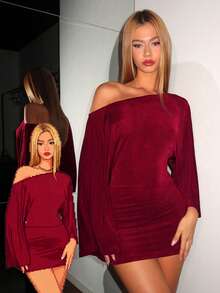 EgrlEra 女士优雅性感露肩迷你连衣裙 - 酒紅色 - 查看 5