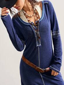 Bohemela Váy ôm cổ tròn tay dài dệt kim chắp vá thông thường dành cho nữ - Màu xanh hải quân - Xem 1