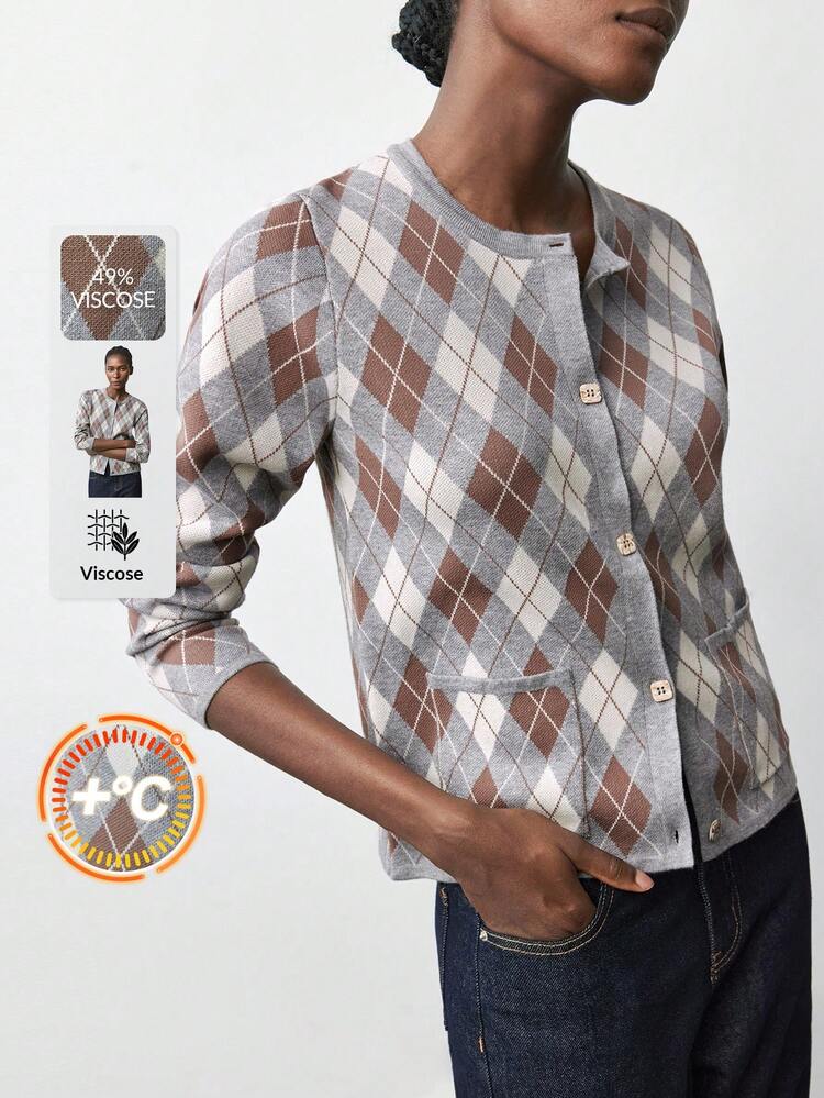 SHEIN Maija 2026 Spring's Multi-Color Plaid Criss-Cross Knitted Argyle Pattern Cardigan, Casual Urban Fashion, Loose Fit, Long Sleeve, Comfortable Business/Leisure Wear, Suitable For Office, Commuting, Social Events, Vacation,Women Cardigans For All Season, All-Match,Valentine Modern Urban Casual Fashion Business Casual Office Wear Low-Key Old Money Style Urban Commuting