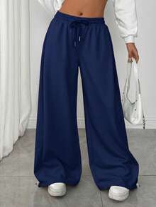 SHEIN EZwear 女士休闲纯色抽绳腰带运动裤 - 藏蓝色 - 查看 4