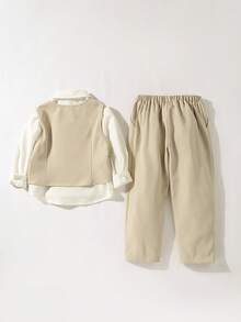 Maija Kids 男童白色长袖衬衫、米色马甲、长裤绅士套装 - 卡其色 - 查看 2