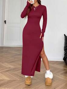 SHEIN EZwear 酒紅色圓領長袖開衩修身洋裝，秋季婚禮晚宴賓客女款性感禮服 - 酒紅色 - 查看 5