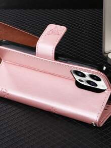 1件装玫瑰金蝴蝶压纹卡槽支架钱包翻盖手机壳 Y5p 蝴蝶猫树图案手机壳，兼容/Pixel/MOTO - 彩色 - 查看 4