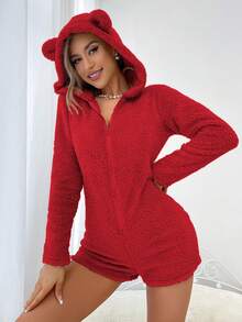 女士纯色长袖3D耳朵设计拉链连帽毛绒连体衣，蓬松冬季款 - 紅色 - 查看 5