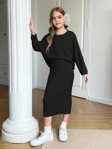 SHEIN SHIEN 女童蝙蝠袖针织罗纹露脐上衣和中长裙两件套，休闲日常穿着，适合秋冬季节和休闲场合