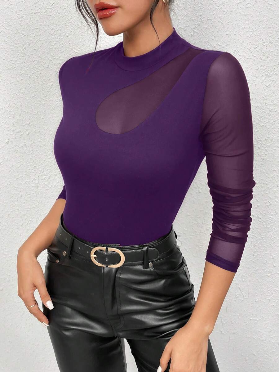 RosyDaze 女士纯色网眼拼接长袖修身时尚T恤 - 紫色 - 查看 1