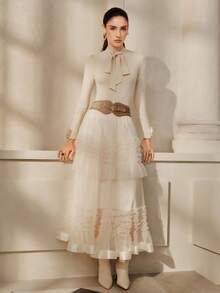 Anewsta 女士蝴蝶结装饰长袖毛衣，优雅百搭，适合秋季、冬季、春季、新年、派对、婚礼、时尚、休闲、舒适、感恩节、毕业典礼、圣诞节等场合。 - 杏色 - 查看 4