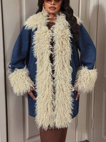 Slaydiva Áo khoác denim xanh mùa đông cỡ lớn cho nữ có cổ lông, phong cách cowgirl thời trang và độc đáo - Rửa tối - Xem 6