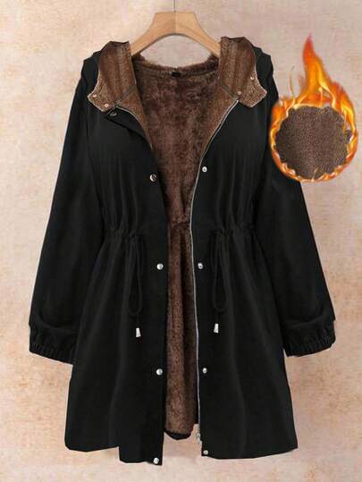 EMERY ROSE Plus Size Women Solid Color Bowknot Waist Drawstring Hooded, Thermal Lined Thick Casual Loose Elegant Pullover