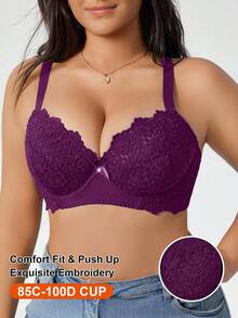 DesireSculpt 1pc Women's Embroidered Lace Adjustable Comfortable Underwire Bra - Purple - View 4